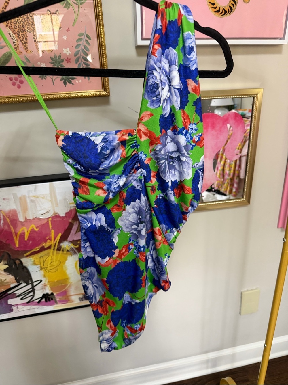 Zara Green Floral One-Shoulder Bodysuit with Blue & Red Flowers